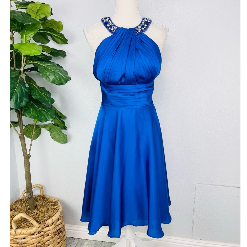 May Queen Couture Royal Blue Satin Flare Halter Top Embellished Sequins Dress